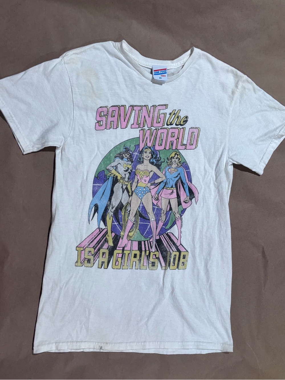 Junk Food DC Comics Superhero womens Graphic Tee XS Wonder Woman Batgirl